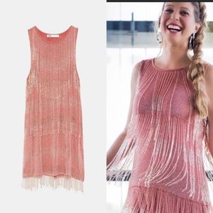 ZARA SALMON BEADED FRINGED MINI DRESS SIZE SMALL